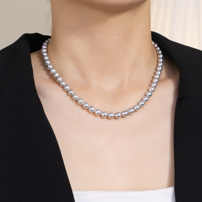 Silver Blue Akoya Saltwater Pearl Classic Strand Necklace