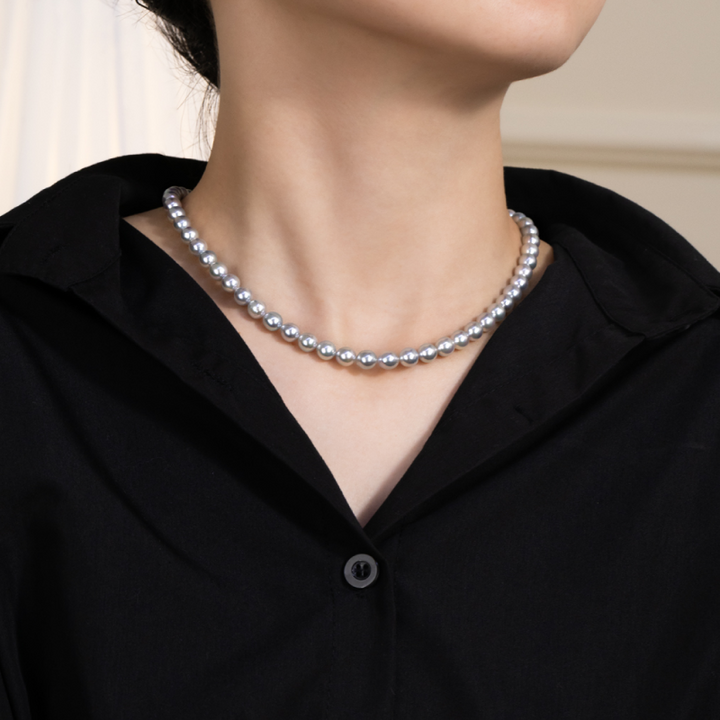 Silver Blue Akoya Saltwater Pearl Classic Strand Necklace