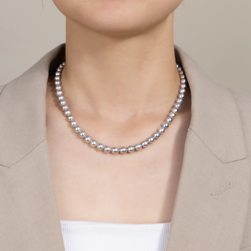 Silver Blue Akoya Saltwater Pearl Classic Strand Necklace