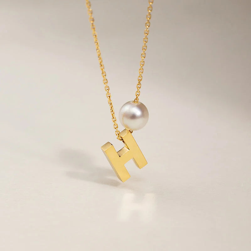 H COLLECTION Akoya Saltwater Pearl 18K Gold Hanging "H" Necklace - HELAS Jewelry