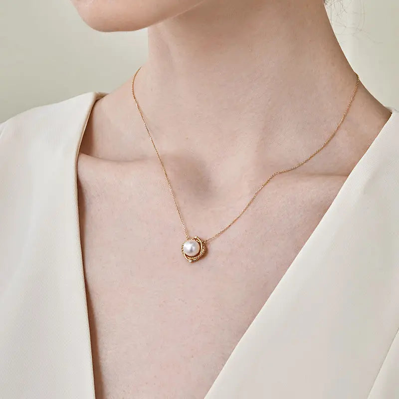 Akoya Pearl Necklace 18K Yellow Gold Diamond Knot Pendant - HELAS Jewelry