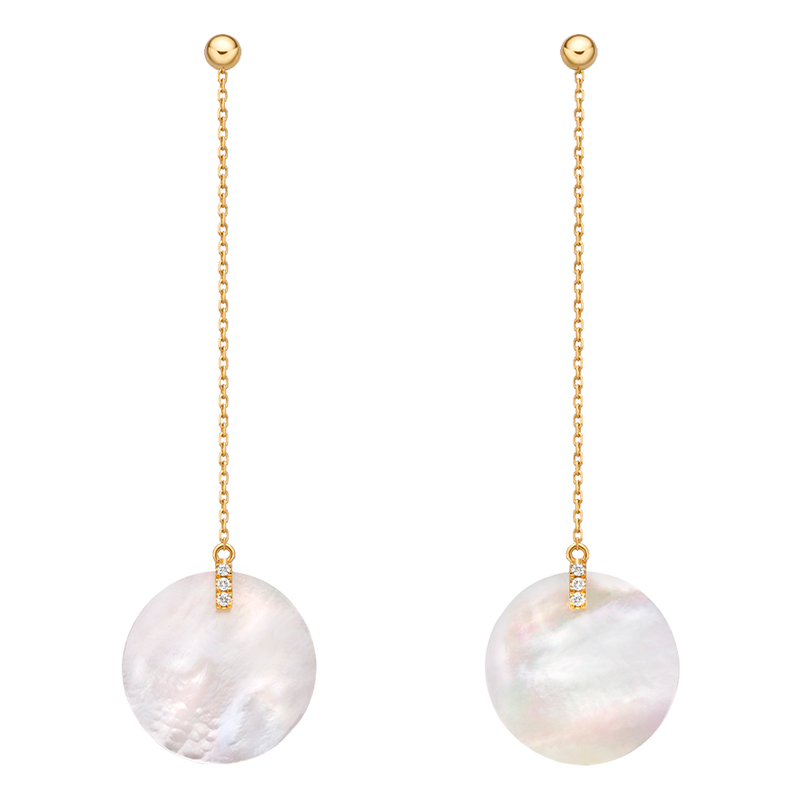 18K Gold Mother of Pearl Flat Style Diamonds Hanging Earrings