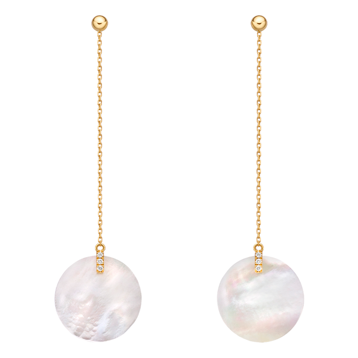 18K Gold Mother of Pearl Flat Style Diamonds Hanging Earrings