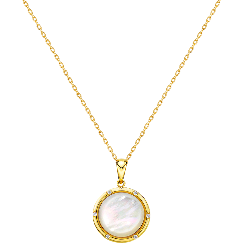 18K Gold Mother of Pearl Convex Style Diamonds Necklace