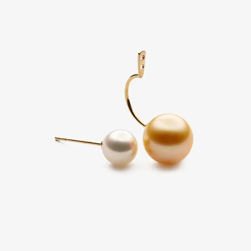 MOMENT COLLECTION South Sea and Akoya Double Pearl 18K Gold Curved Stud Earrings - HELAS Jewelry