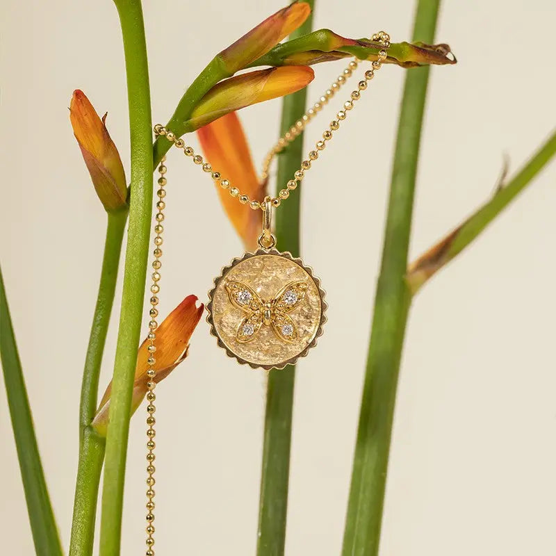 18K Gold Butterfly Coin Diamonds Necklace - HELAS Jewelry