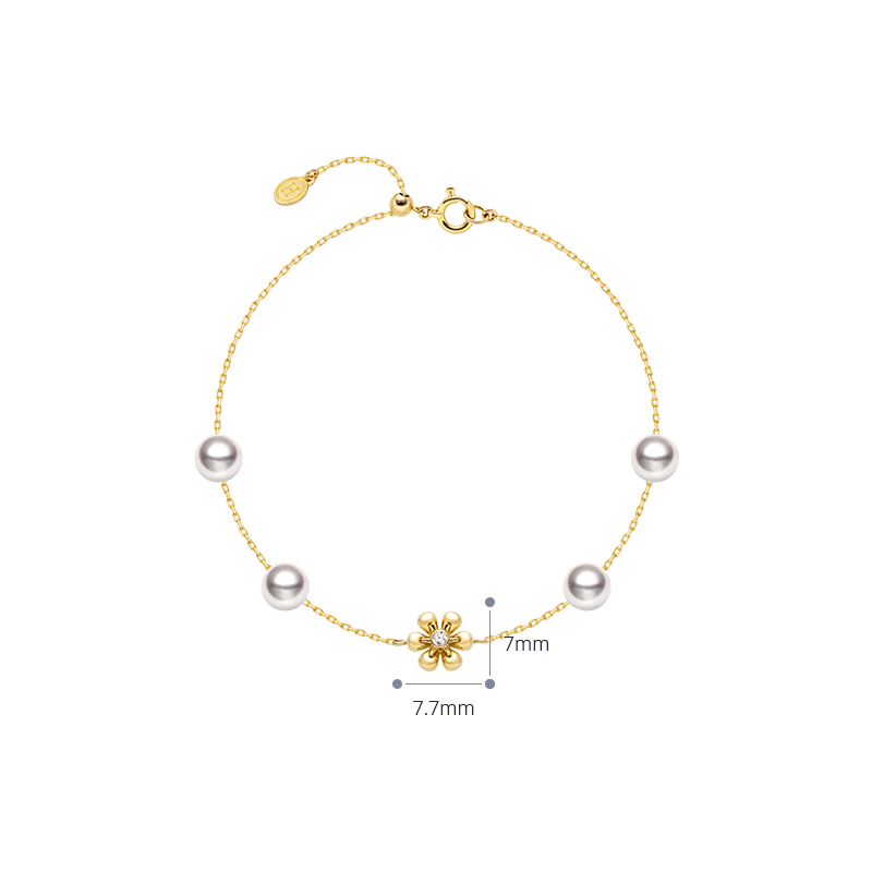 Akoya Pearl 18K Gold Diamond Flower Core Dainty Bracelet