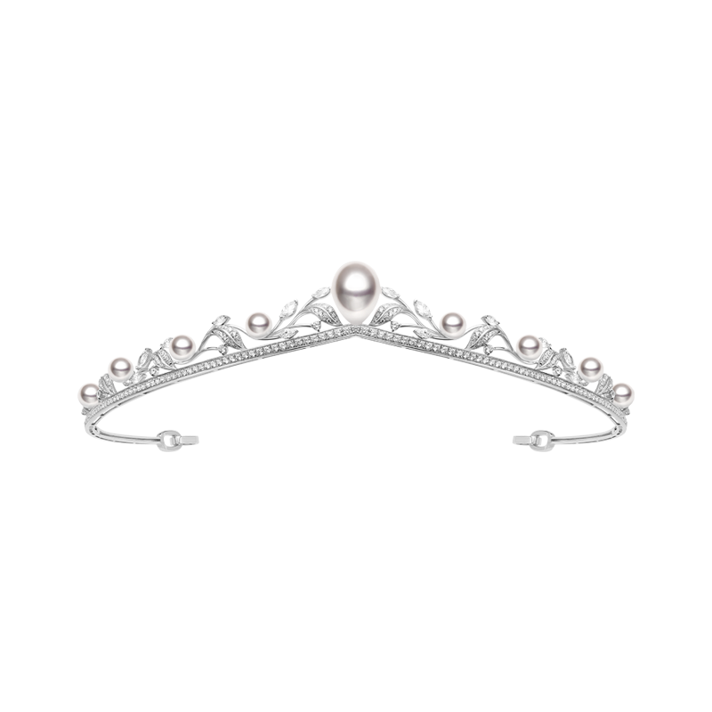 Rare Akoya and White South Sea Pearl 18K White Gold Diamond Crown