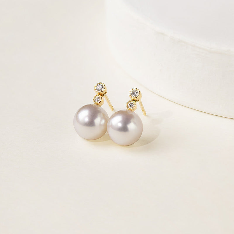 ORIGIN COLLECTION  Akoya Pearl 18K Gold Double Diamond Elegant Earrings