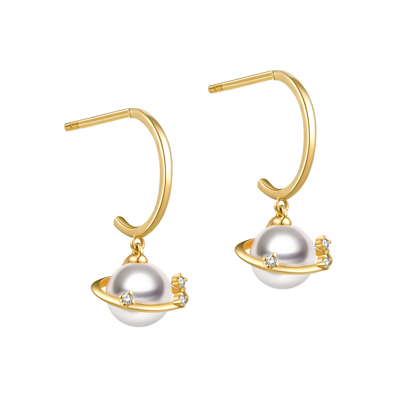 Akoya Pearl 18K Gold Planet Style Diamond Stud Earrings