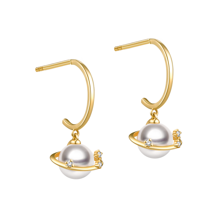 Akoya Pearl 18K Gold Planet Style Diamond Stud Earrings