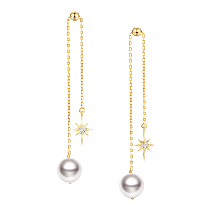 Akoya Pearl 18K Gold Diamond Long Stud Earrings