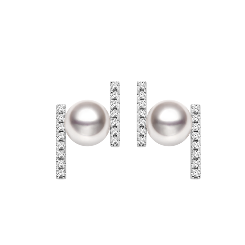 Akoya Saltwater Pearl 18K White Gold Diamond Asymmetric "H" Earrings