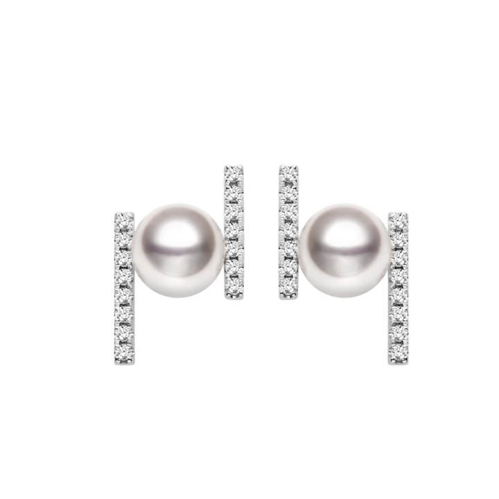 Akoya Saltwater Pearl 18K White Gold Diamond Asymmetric "H" Earrings