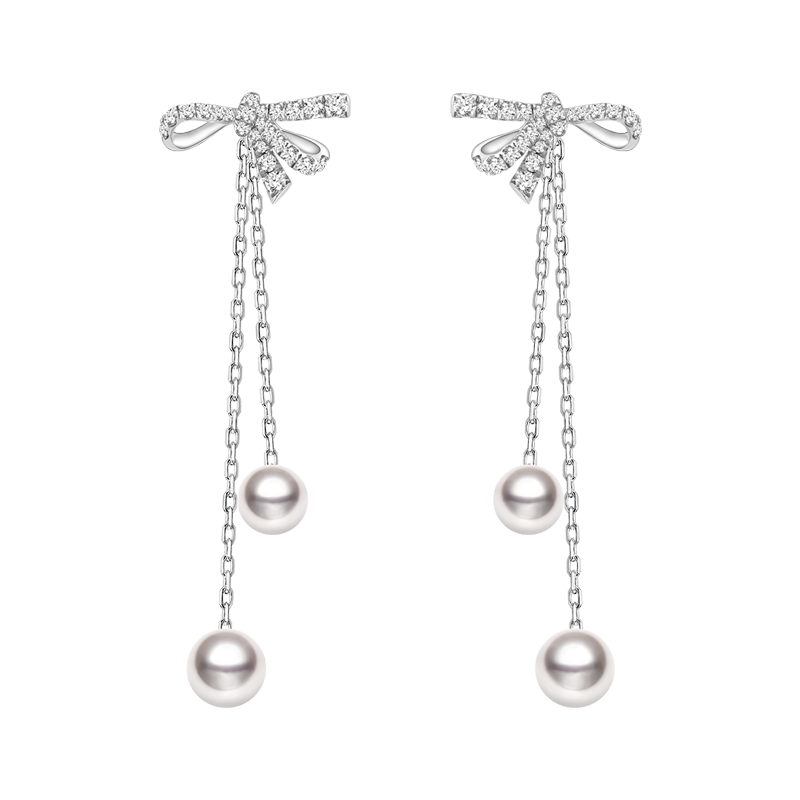 Akoya Pearl 18K White Gold Bowknot Floating Diamond Earrings