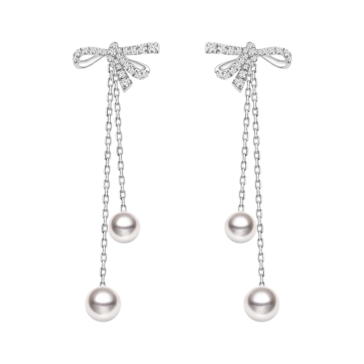 Akoya Pearl 18K White Gold Bowknot Floating Diamond Earrings