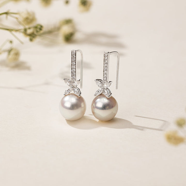 Akoya Pearl 18K White Gold White Flower Diamonds Long Stud Earrings