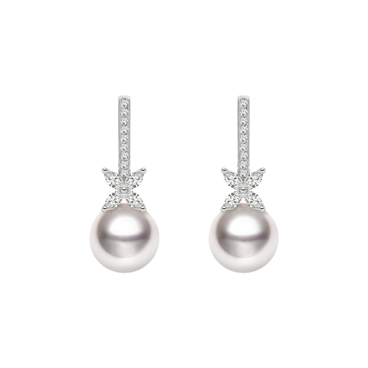 Akoya Pearl 18K White Gold White Flower Diamonds Long Stud Earrings
