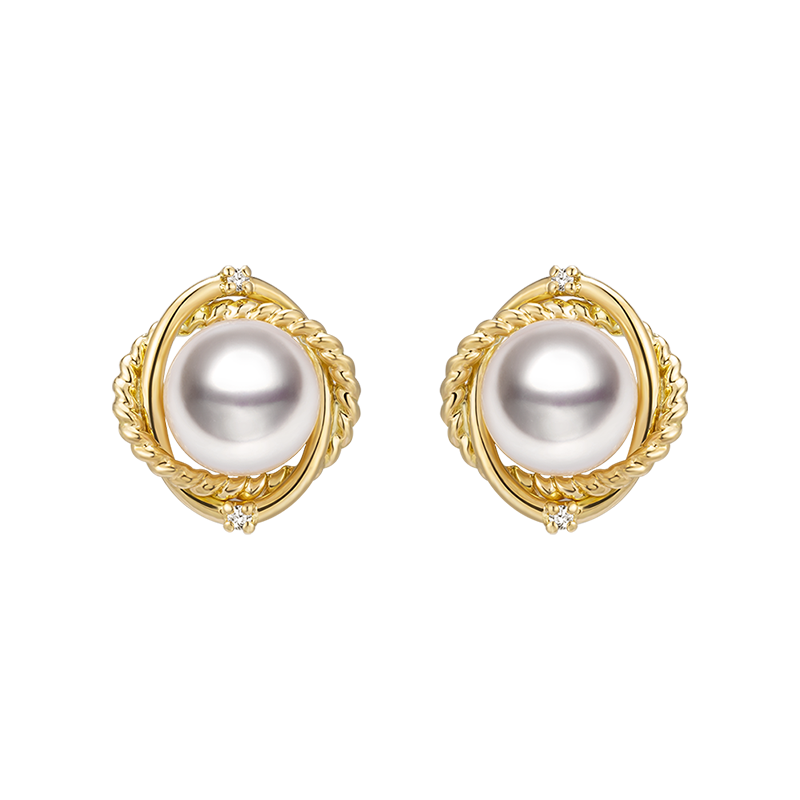 Akoya Pearl Diamond Knot Stud Earrings 18K Yellow Gold