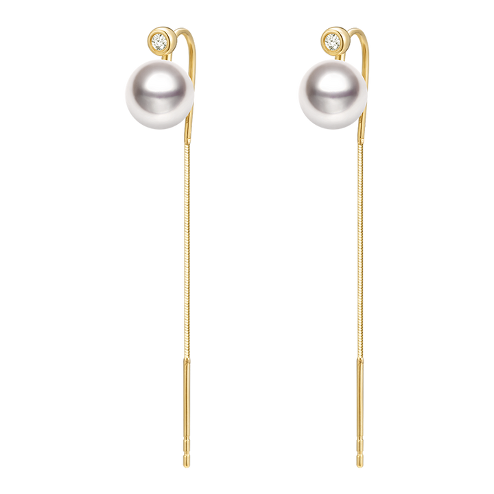 Akoya Pearl 18K Gold Thread Diamond Earrings