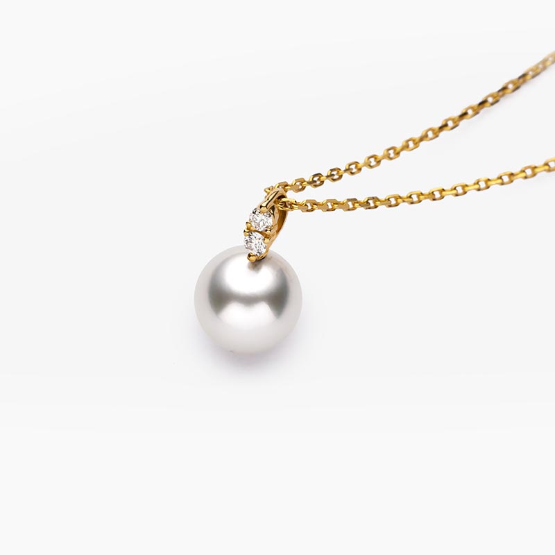 Akoya Pearl 18K Yellow Gold Twin Diamond Pendant Necklace