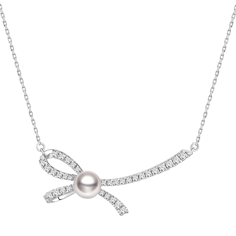 Akoya Pearl 18K White Gold Diamond Ribbon Necklace