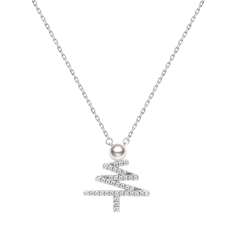 18K White Gold Christmas Tree Diamond Pendant Necklace