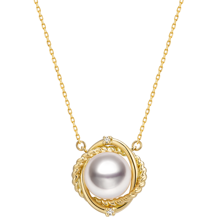Akoya Pearl Necklace 18K Yellow Gold Diamond Knot Pendant