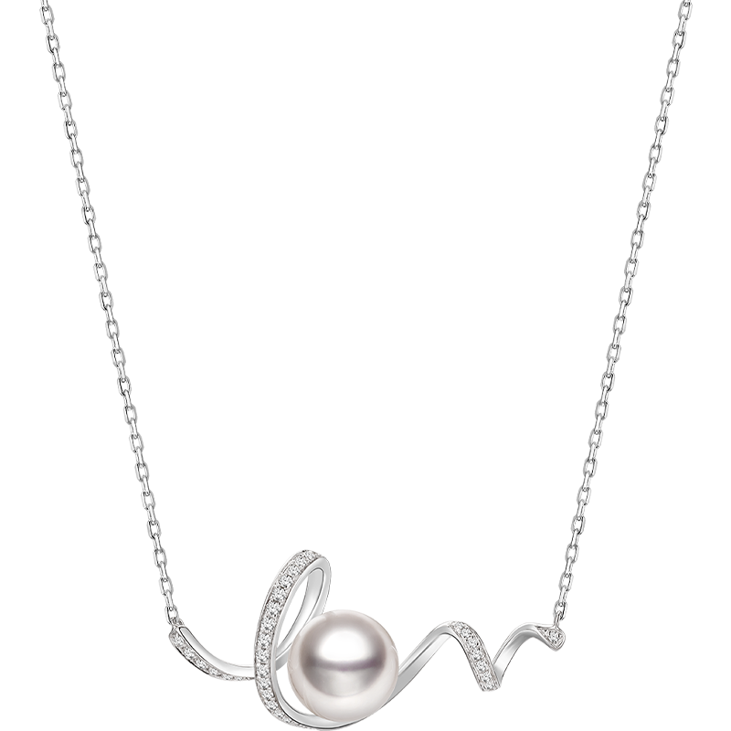 Akoya Pearl 18K White Gold Big Wave Curl Diamonds Necklace