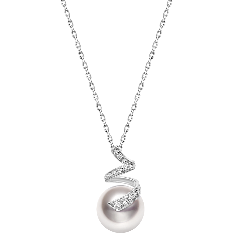Akoya Pearl 18K White Gold Multi-Curve Wave Diamonds Necklace