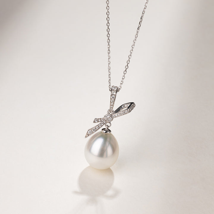 Teardrop South Sea Pearl 18k Gold Diamond Bow Pendant Necklace