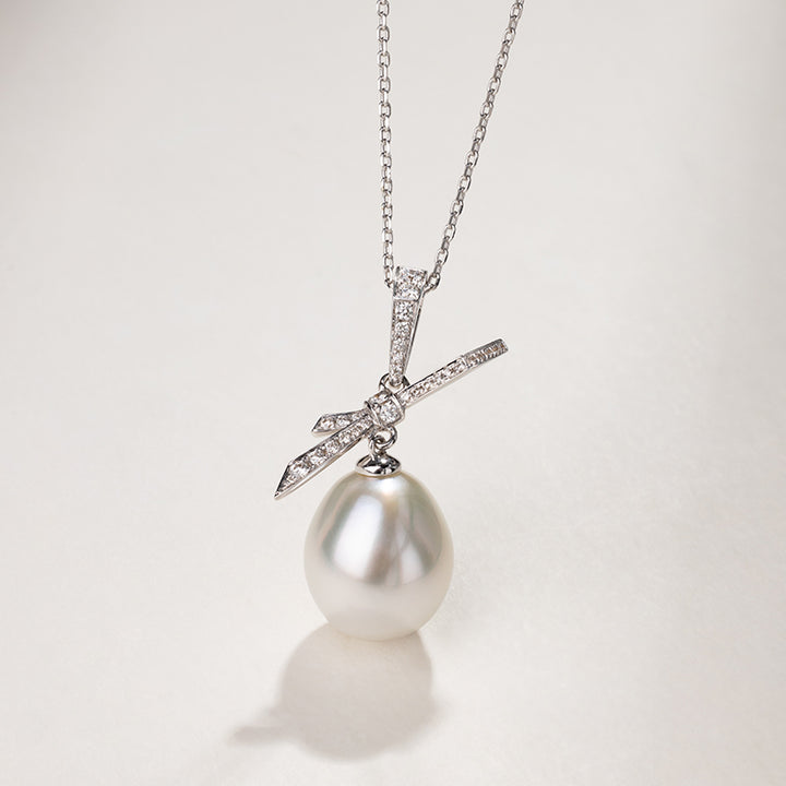 Teardrop South Sea Pearl 18k Gold Diamond Bow Pendant Necklace