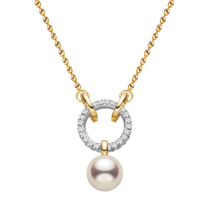 Akoya Saltwater Pearl 18K Gold Diamond Three-pronged Round Hoop Necklace