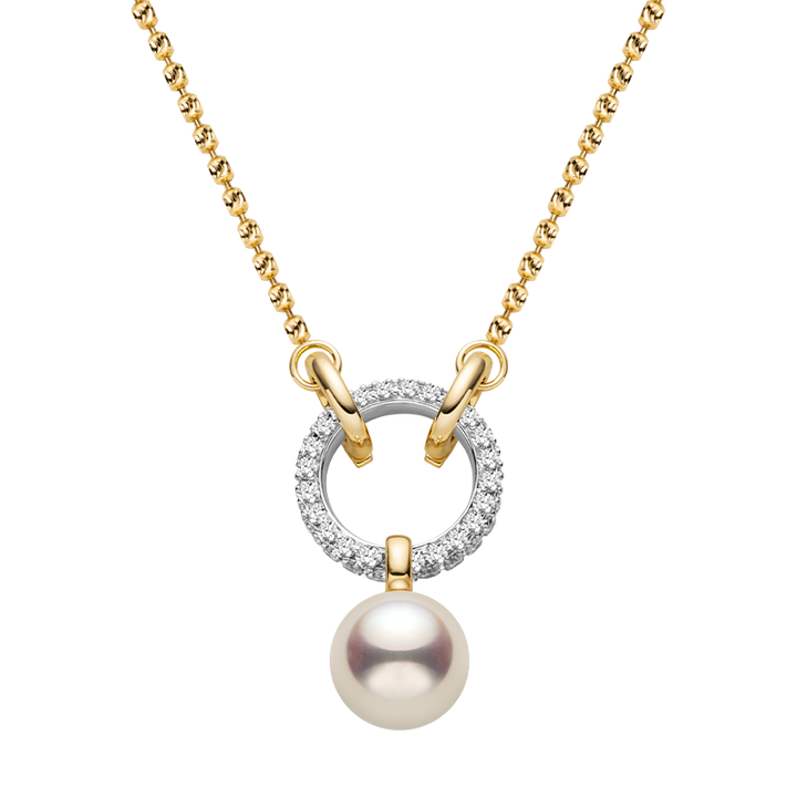 Akoya Saltwater Pearl 18K Gold Diamond Three-pronged Round Hoop Necklace