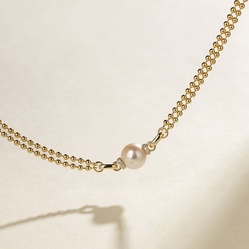 Akoya Saltwater Pearl 18K Gold Diamond Double-Layer Luster Chain Necklace