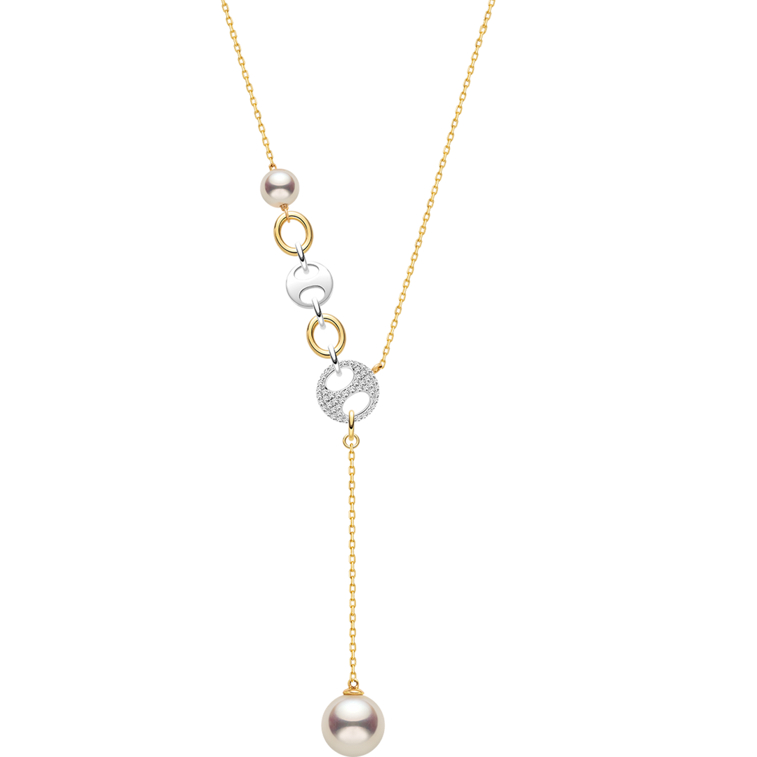 Akoya Pearl 18K Gold Diamond Imprint H Y-Shaped Dangling Necklace