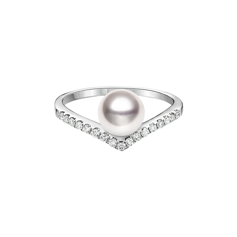Akoya Pearl 18K White Gold V-shape Diamond Ring