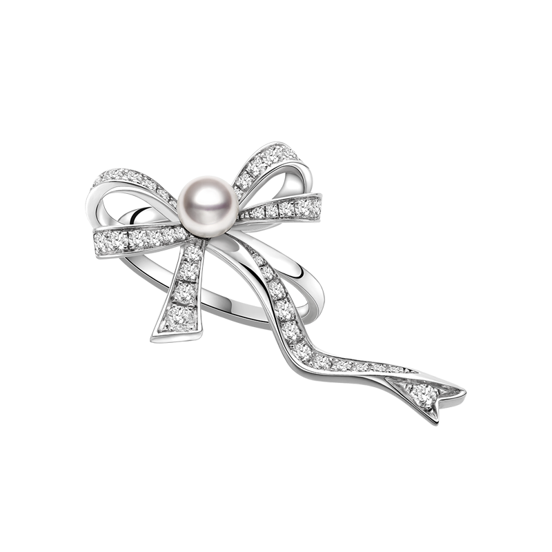 Akoya Pearl 18K White Gold Bowknot Diamond Ribbon Ring
