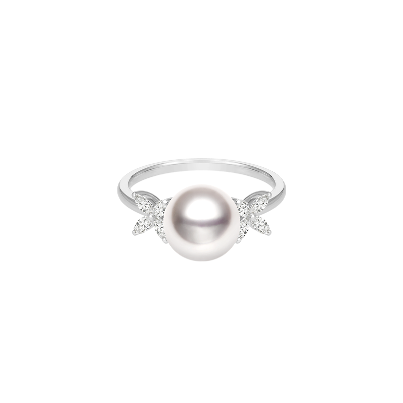 Akoya Pearl 18K White Gold White Flower Diamonds Ring