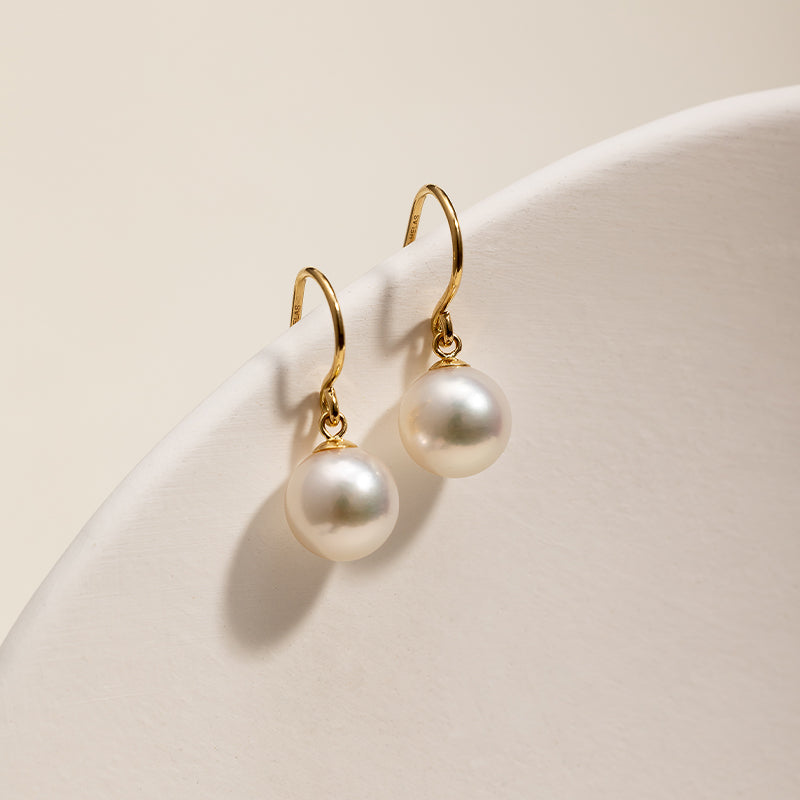 18K gold solid Akoya Pearl Dangle Earrings hooks, Round Akoya Pearls 8-9mm, Natural White outlet Color, 18k rose gold solid, Au750, 75% of gold