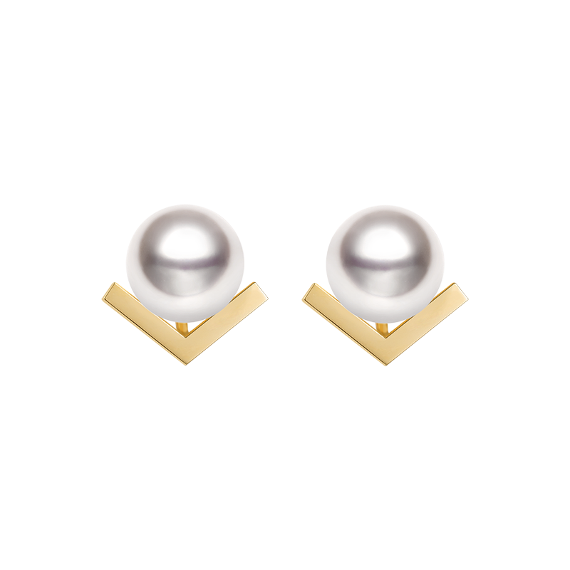 Akoya Saltwater Pearl 18K Yellow Gold Diamond V-shape Earrings