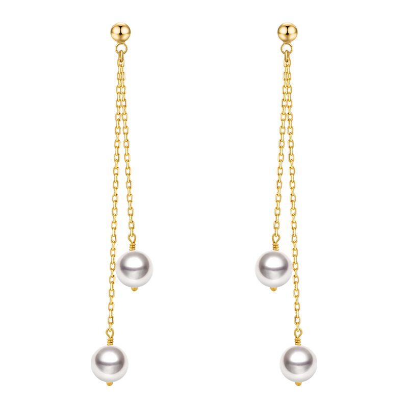 Akoya Pearl 18K Gold Double Beads Drop Earrings