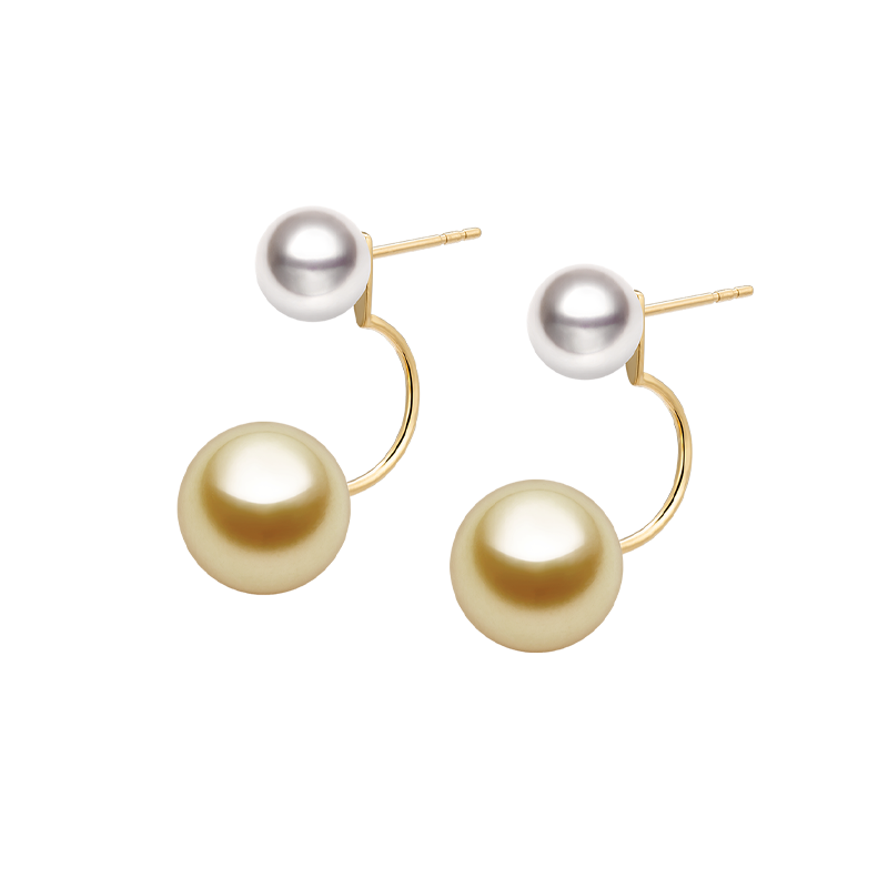 South Sea and Akoya Double Pearl 18K Gold Curved Stud Earrings