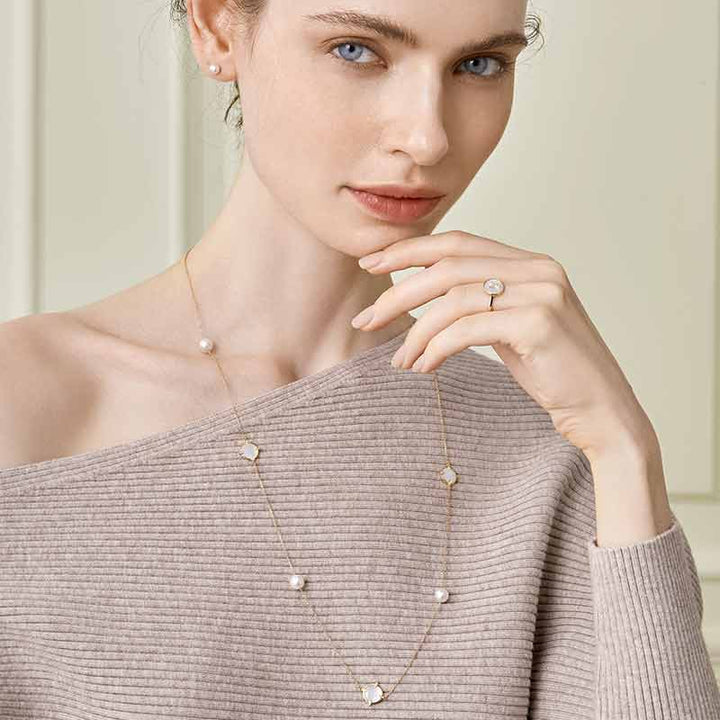 Akoya Pearl 18K Gold Mother of Pearl Diamonds Sweater Chain Necklace