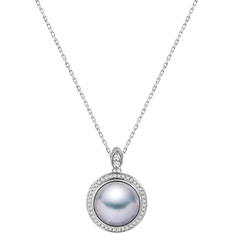 Silver Blue Mabe Pearl Diamond Necklace
