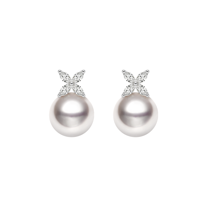 Akoya Pearl 18K White Gold White Flower Diamonds Stud Earrings