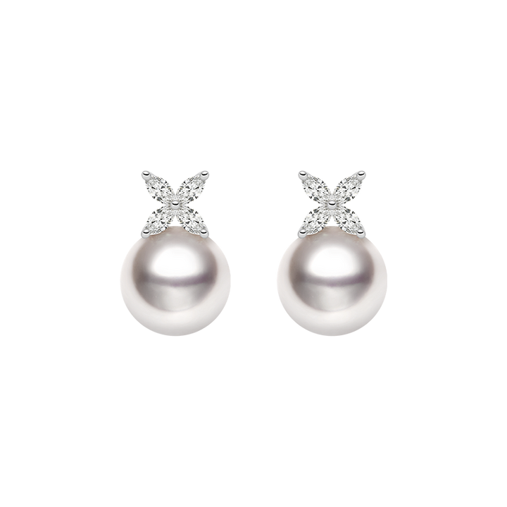 Akoya Pearl 18K White Gold White Flower Diamonds Stud Earrings