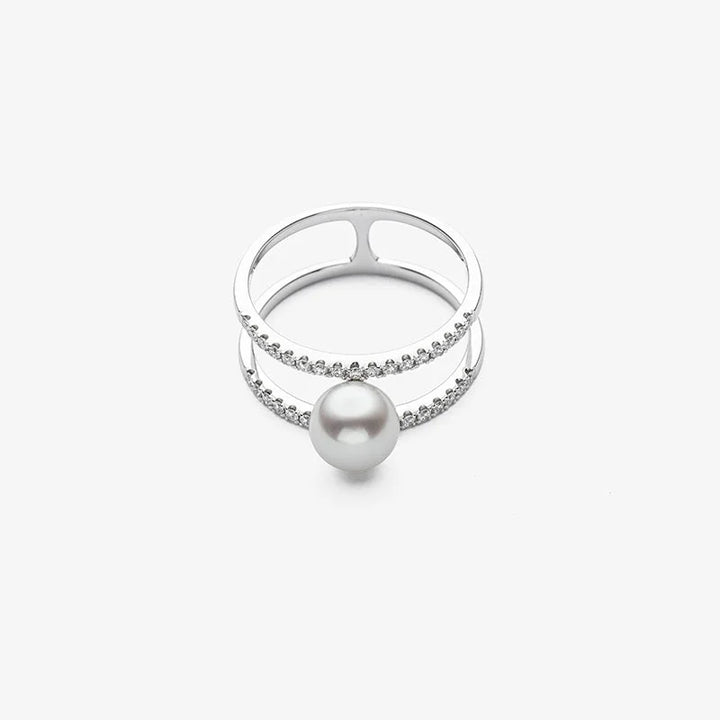 REFLECT COLLECTION Akoya Pearl White 18K Gold Double Band Diamonds Ring REFLECT COLLECTION Akoya Pearl White 18K Gold Double Band Diamonds Ring REFLECT COLLECTION
