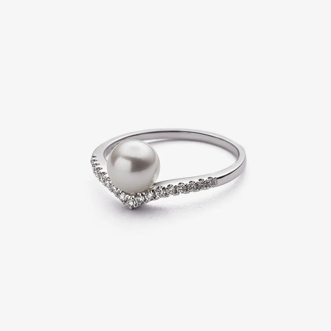 REFLECT COLLECTION Akoya Pearl 18K White Gold V-shape Diamond Ring - HELAS Jewelry