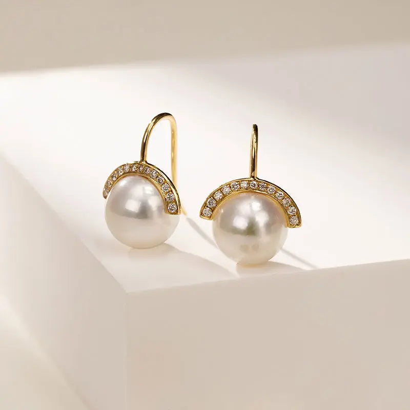 SUNRISE COLLECTION Akoya Pearl 18K Gold Nature Inspired Elegant Design Diamonds Earrings - HELAS Jewelry